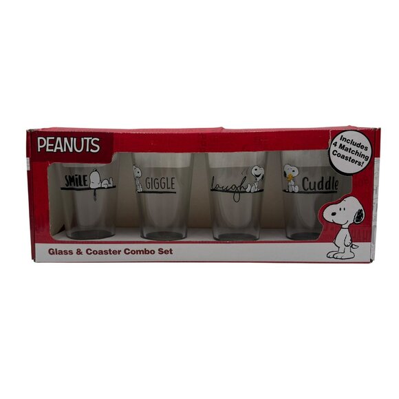 Peanuts Snoopy "Smile, Giggle, Laugh, Cuddle" 16oz Glass & Coaster Set - Picture 1 of 16
